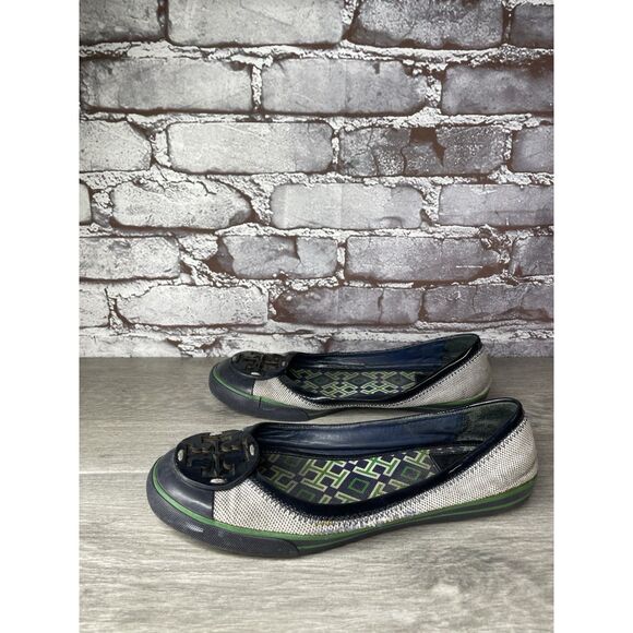Tory Burch Channing Black Patent Leather Green Gray Canvas Ballet Flats Women 7M - Picture 3 of 16